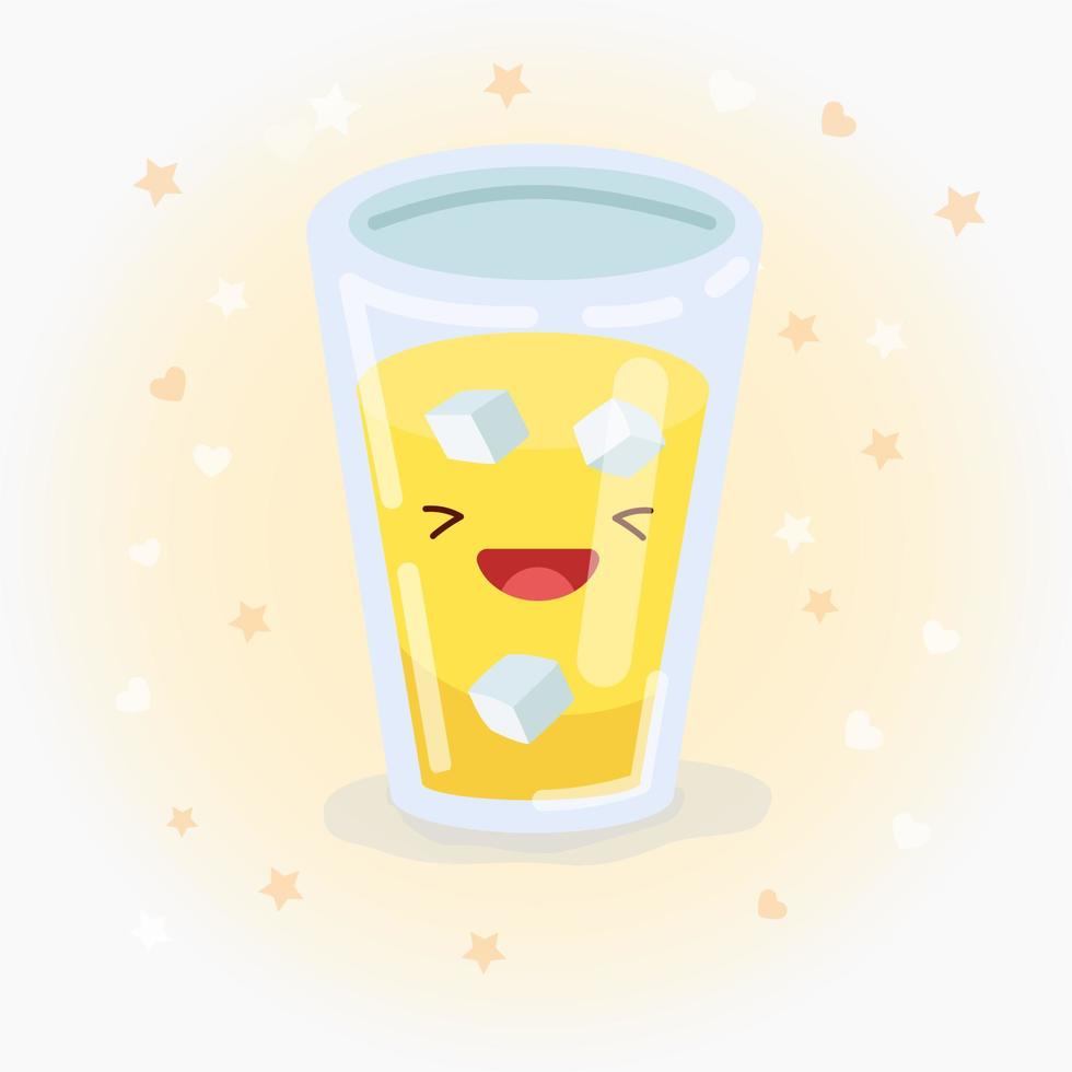 Cute glass of juice with ice vector icon illustration. Sticker cartoon logo. Food icon concept.  Flat cartoon style suitable for web landing page, banner, sticker, background. Kawaii glass of juice.