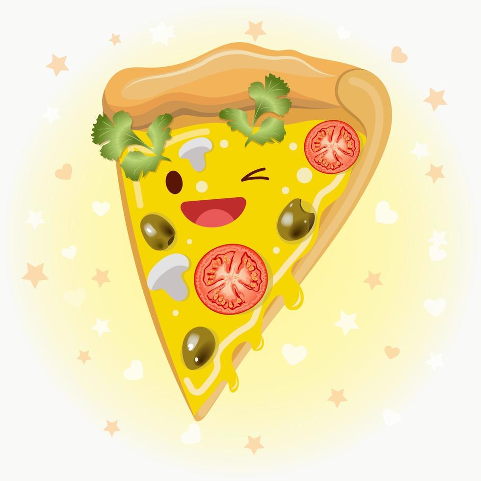 Cute pizza  vector icon illustration. Pizza sticker cartoon logo. Food icon concept.  Flat cartoon style suitable for web landing page, banner, sticker, background. Kawaii pizza.