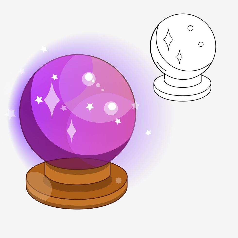 Drawing of a magic ball. Vector flat illustration.  Icon, sticker.  Magic and Halloween illustration. Coloring page.