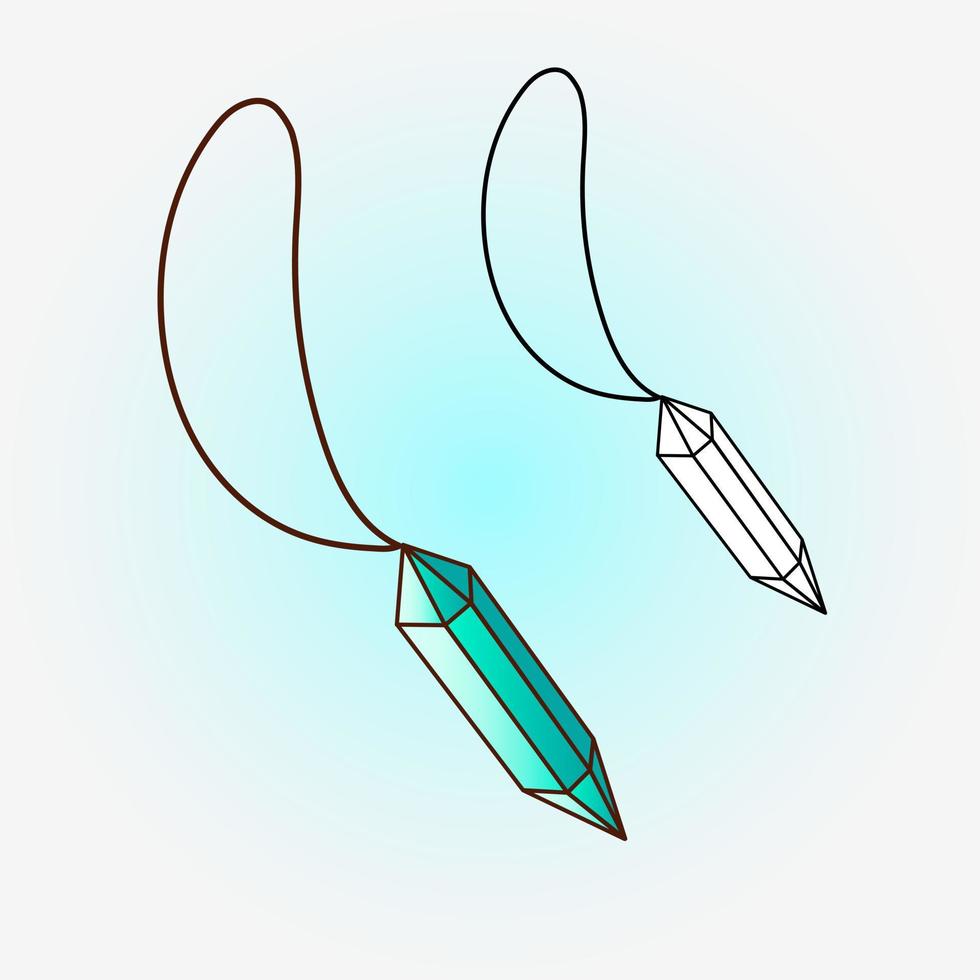 Vector drawing of a crystal, amulet on a cord. Vector flat illustration.  Icon, sticker.  Cartoon illustration.  Coloring page.