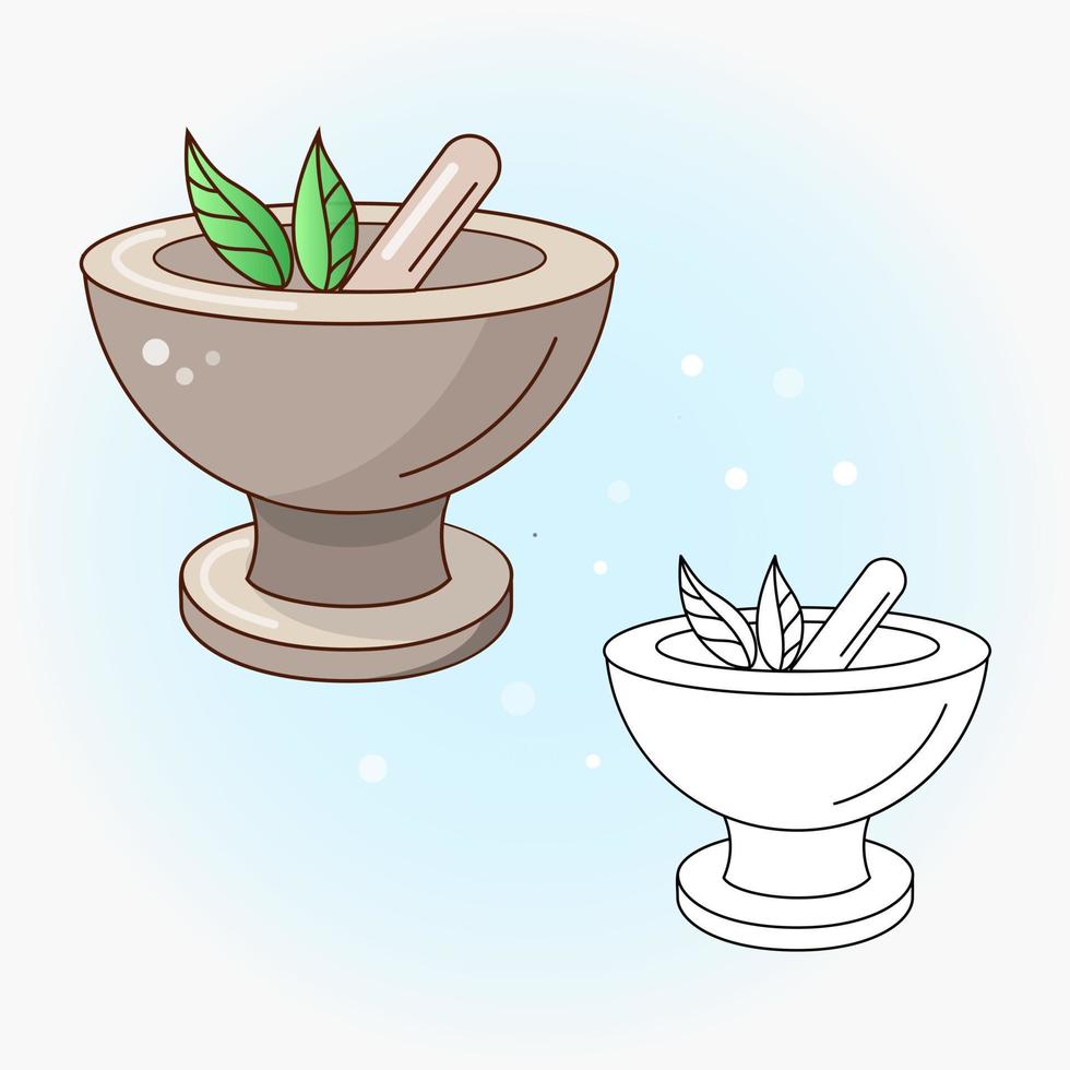 Vector drawing of a mortar and pestle. Vector flat illustration.  Icon, sticker.  Cartoon illustration.  Coloring book.