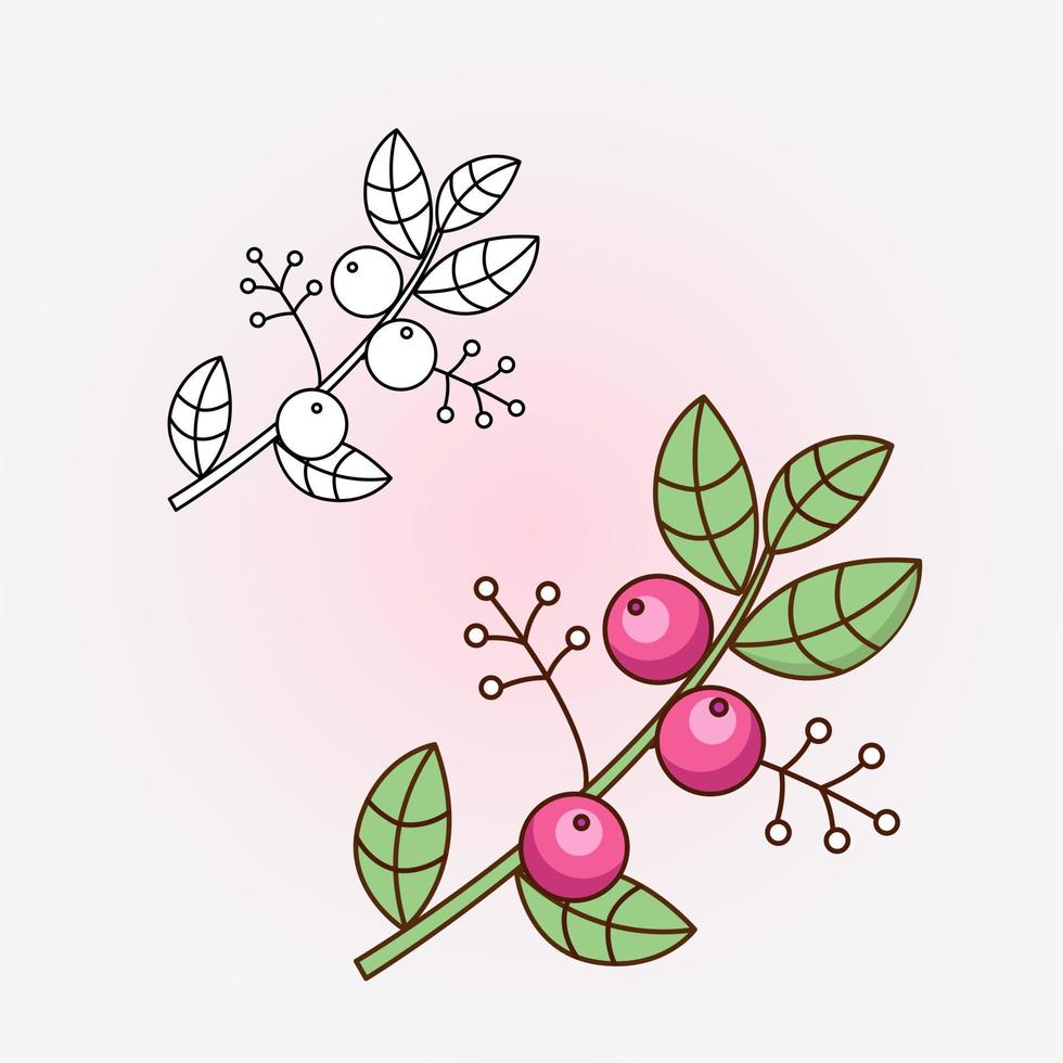 Drawing of  a branch with berries and leaves. Vector flat illustration.  Icon, sticker. Coloring page.