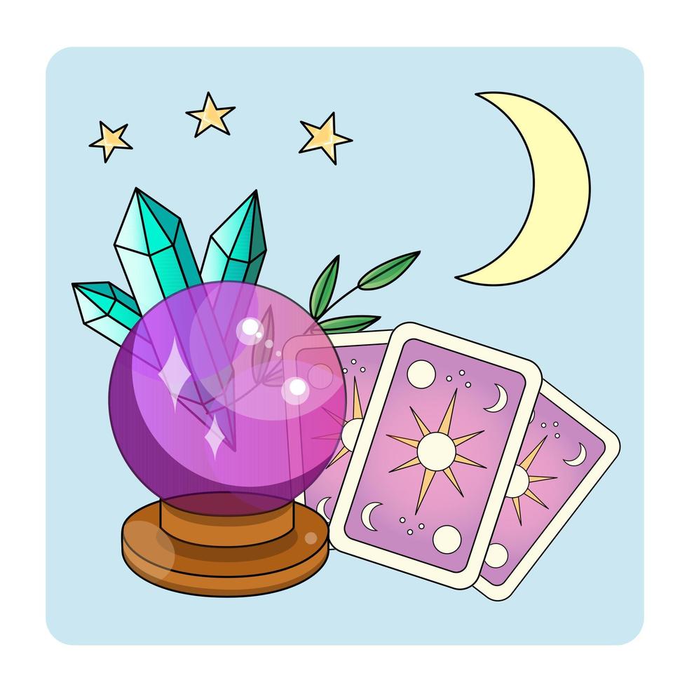 Cute Mystic  icon. Cartoon colorful Magical element collection. Kawaii astrology icons of magic ball, crystals, tarot cards, crescent, stars, branch vector stuff.