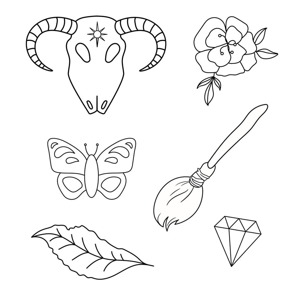 Outline  black-and-white drawing set of magical elements. Butterfly, flower, ram skull, broom, leaf, diamond. Vector cartoon illustration. Magic icons kit.