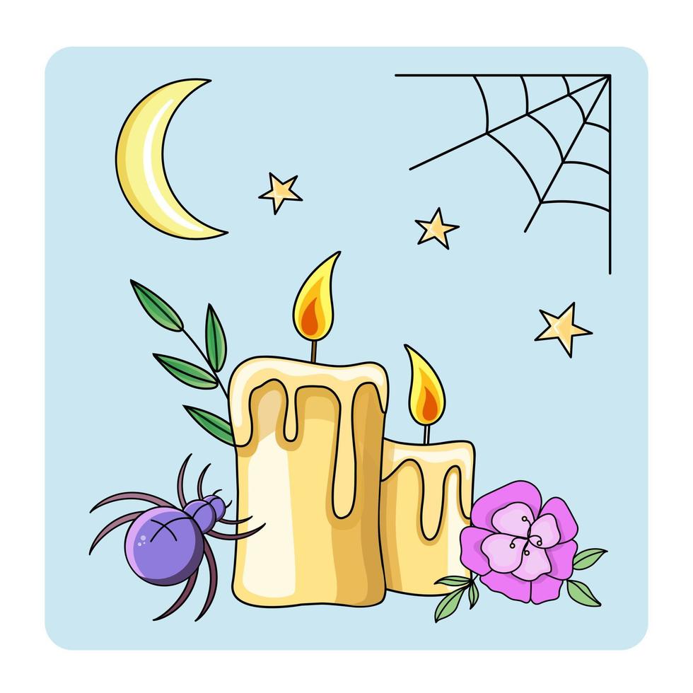 lindo ícono místico. colección de elementos mágicos coloridos de dibujos animados. íconos de astrología kawaii de velas, flores, arañas, estrellas, telaraña, media luna, ramas, cosas vectoriales. vector