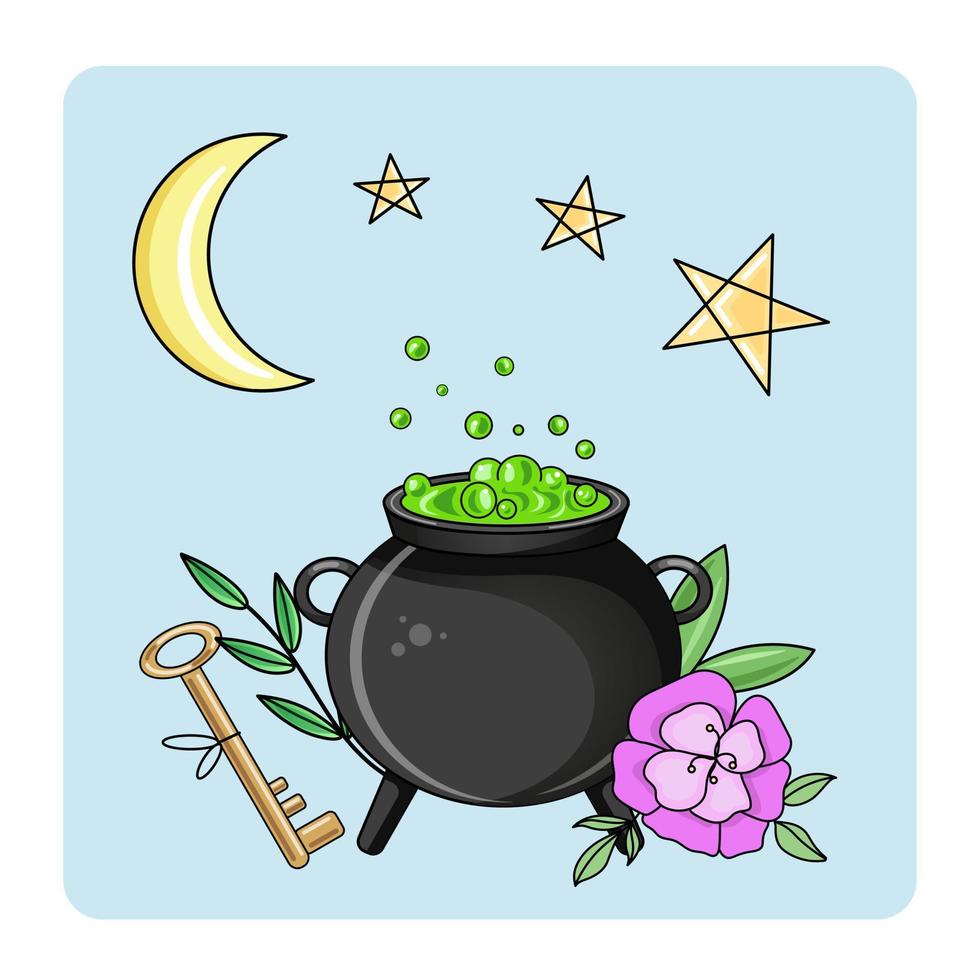 Cute Mystic icon. Cartoon colorful Magical element collection. Kawaii astrology icons of double-demon cauldron, flower, crescent, stars, potion, key, branches vector stuff.