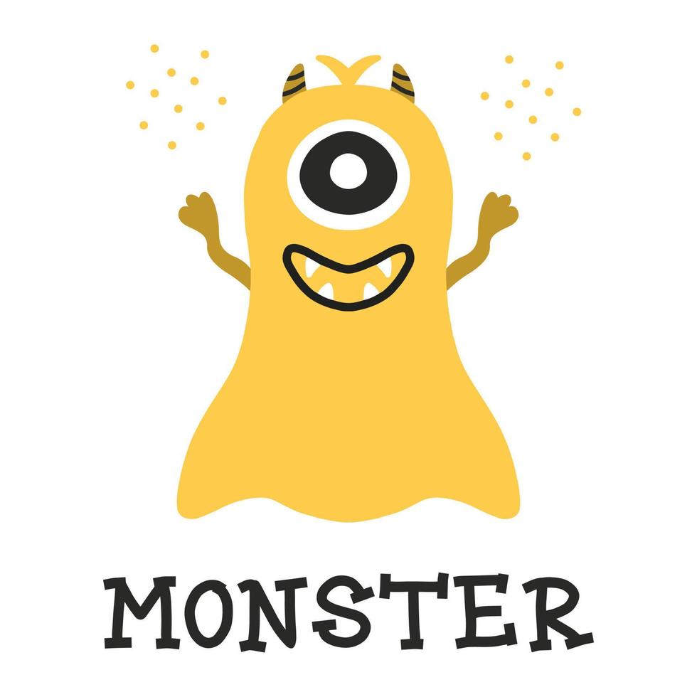 Hand-drawn poster with a cute monster. Doodle style. Vector illustration in scandinavian style. Pink fluffy monster.