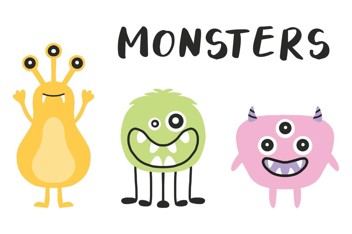 Hand-drawn poster with cute monsters. Doodle style. Vector illustration in scandinavian style. Children's illustration with monsters.