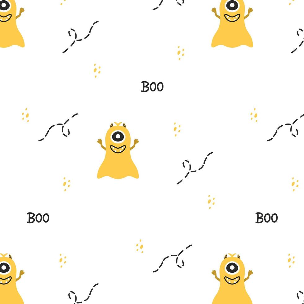 Monster Halloween pattern. Cute cartoon characters in simple hand-drawn Scandinavian style. Vector childish funny doodle illustration. Baby clothes, textiles, fabric, wallpaper,paper