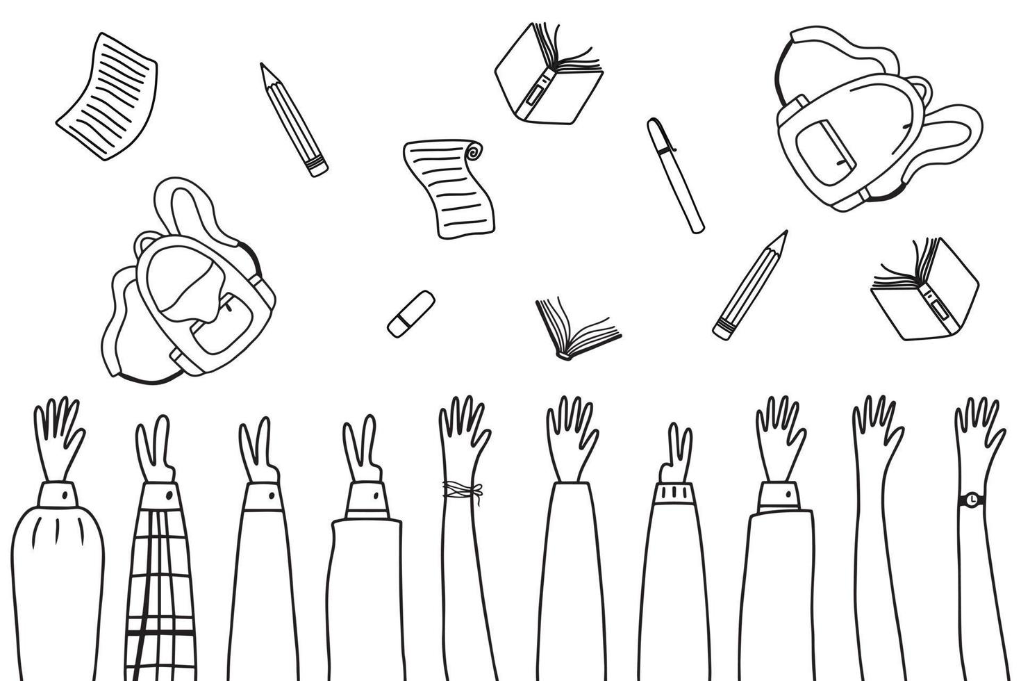 Education concept. End of school. Schoolchildren throw school objects into the air. Doodle style. Vector illustration.