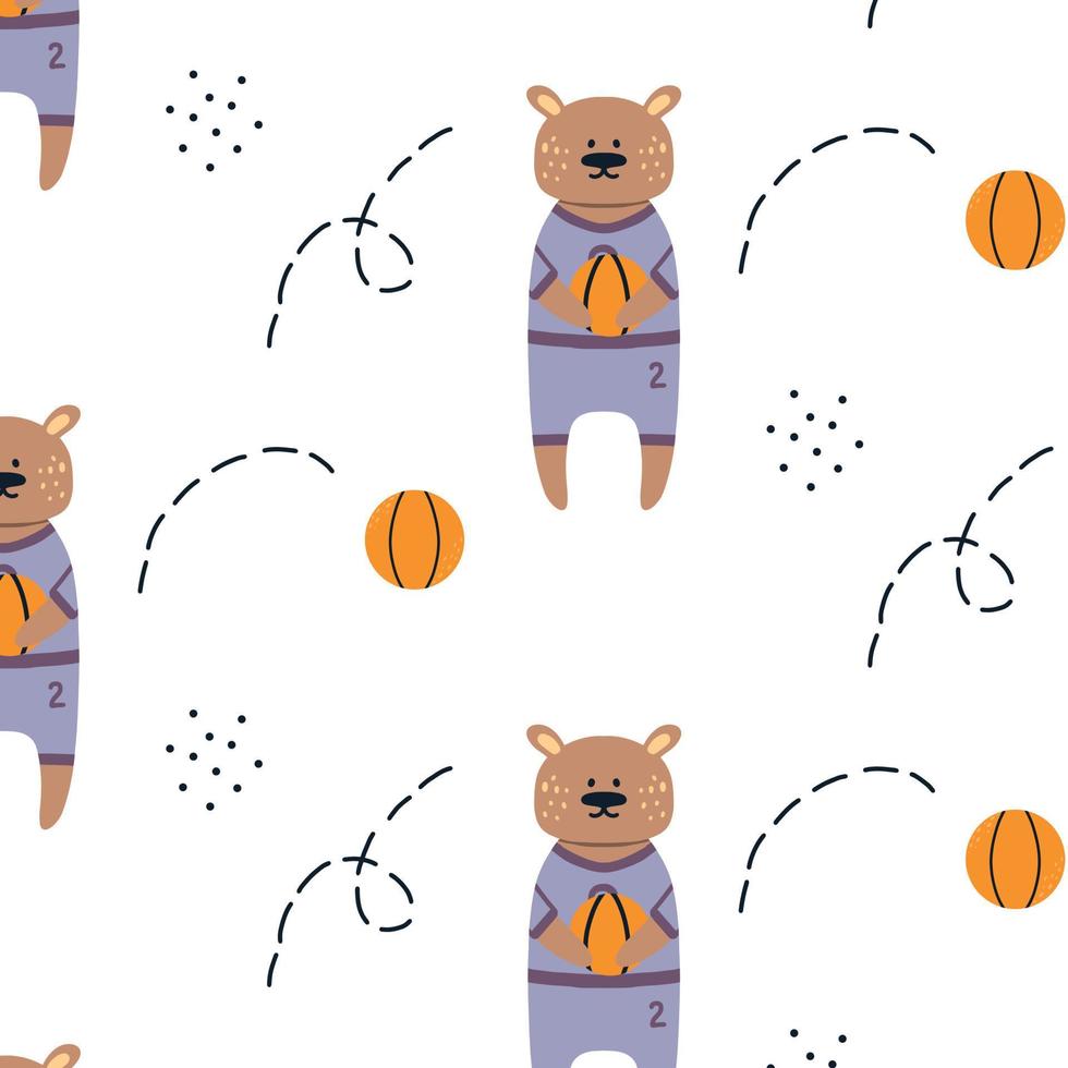 Pattern with a basketball. Hand drawing with ball and bear.  pattern with basketball. Vector illustration.