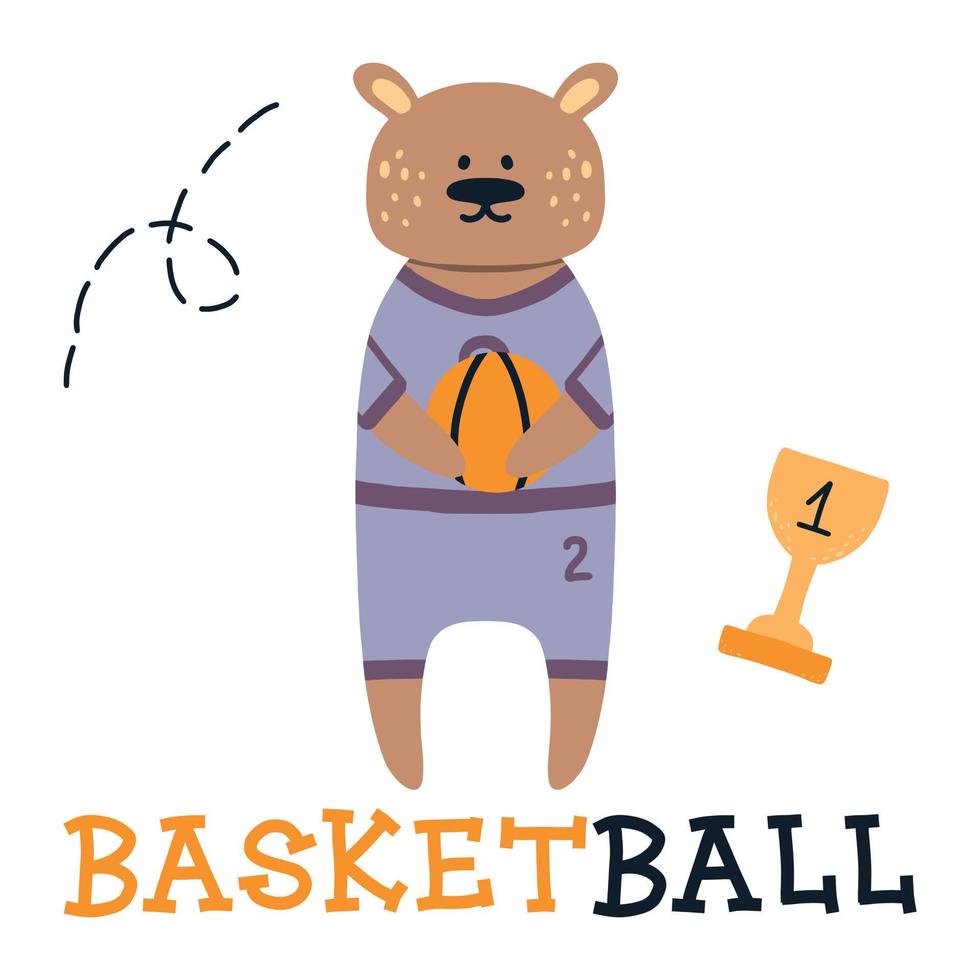 The bear plays basketball. Let's play. Children's basketball game poster, hand drawn. Vector illustration.