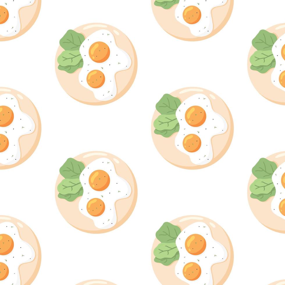 Pattern with fried eggs.  pattern with scrambled eggs and greens on a plate. Vector illustration in cartoon style.
