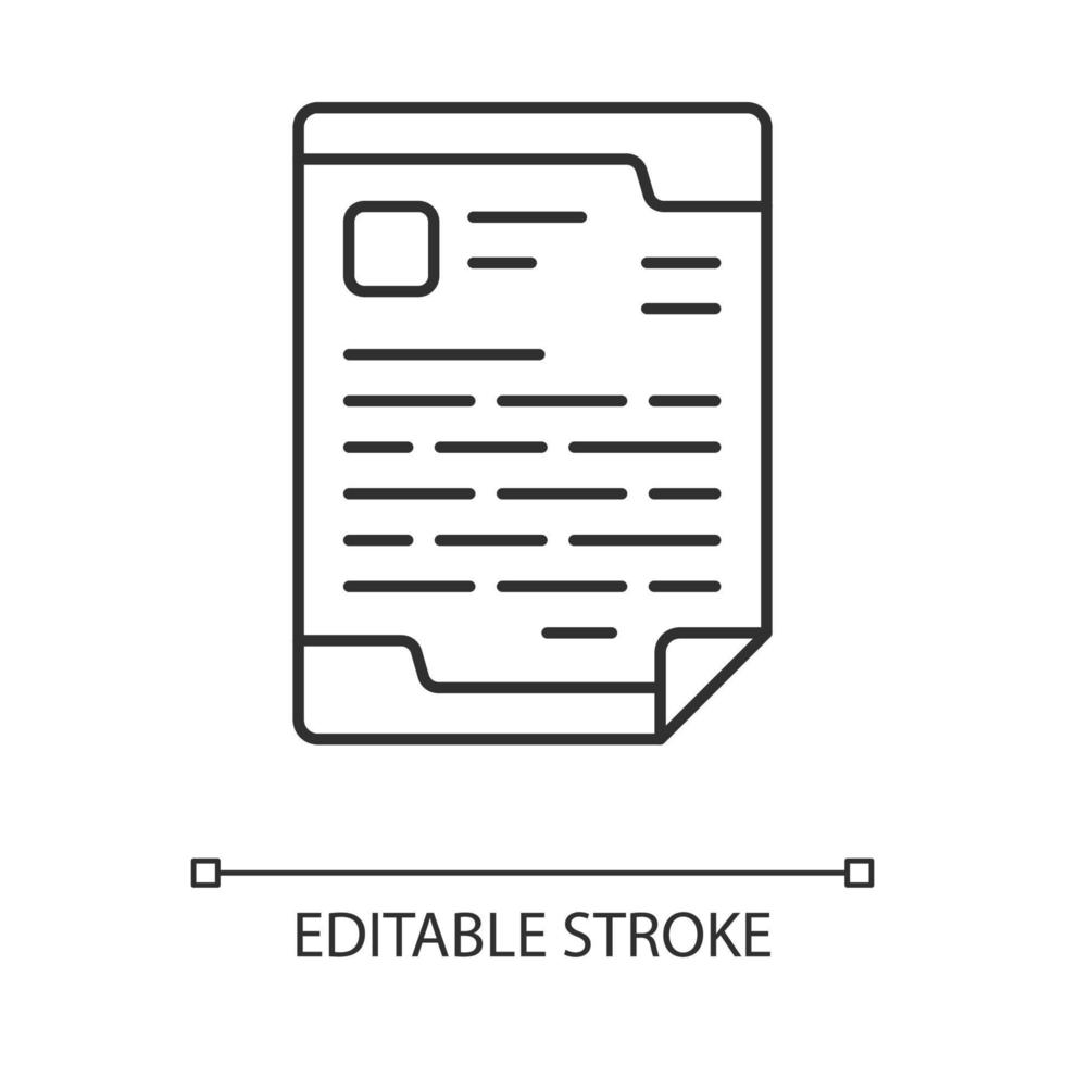 Letterhead, official document linear icon. Business report, CV thin line illustration. Paperwork, deskwork contour symbol. Financial statement, paper vector isolated outline drawing. Editable stroke