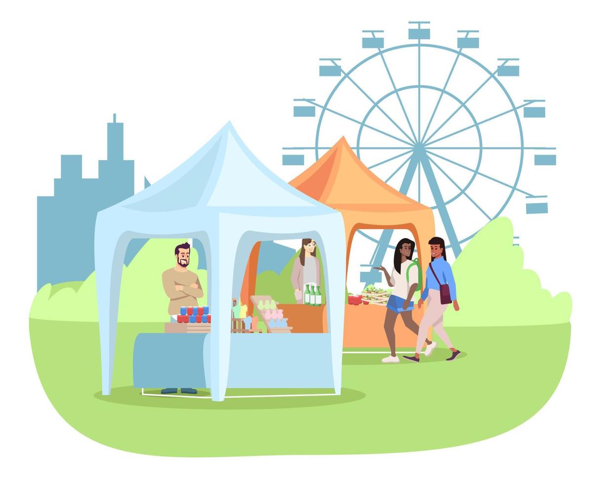 Summer fair flat illustration. Food stalls, tents with seller on fairground. Amusement park with ferris wheel, city event, festival, funfair entertainment. People walk fair market cartoon characters vector