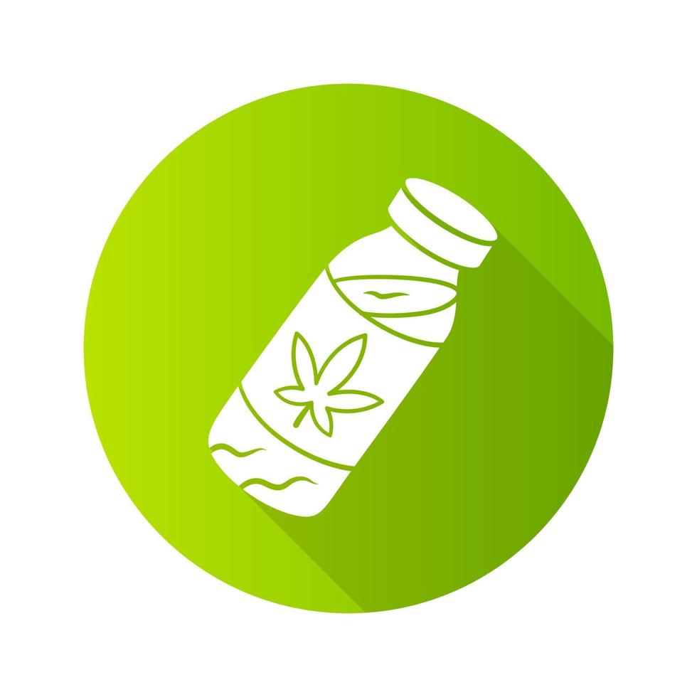 icono de glifo de sombra larga de diseño plano de bebida cbd. producto de malezas industria cannábica. cóctel de marihuana. bebida relajante. botella con líquido de hierbas. legalización de la marihuana. ilustración de silueta vectorial vector