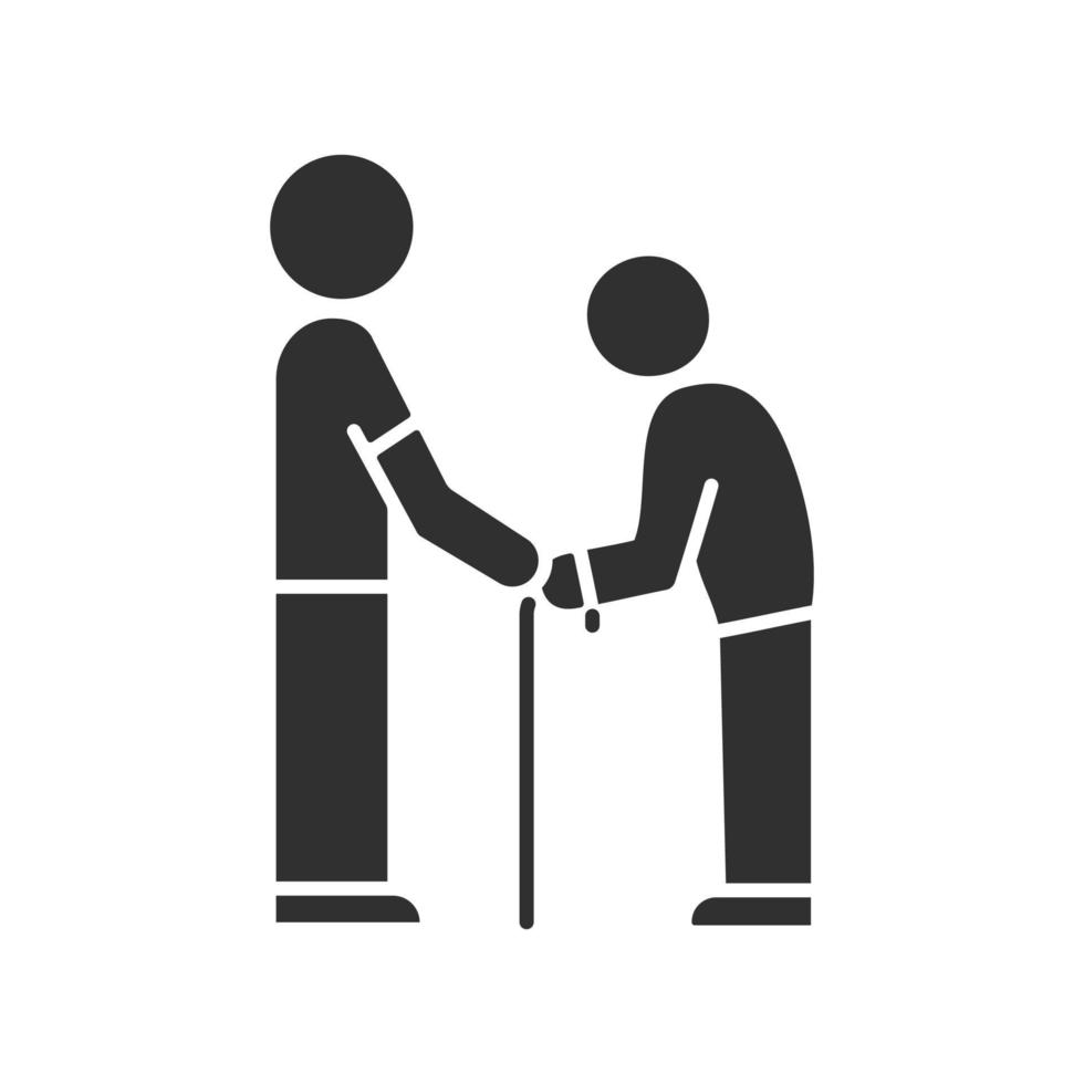 Elderly people help glyph icon. Volunteer responsibility for old people. Assistance program for pensioners. Man holds senior by hands. Silhouette symbol. Negative space. Vector isolated illustration
