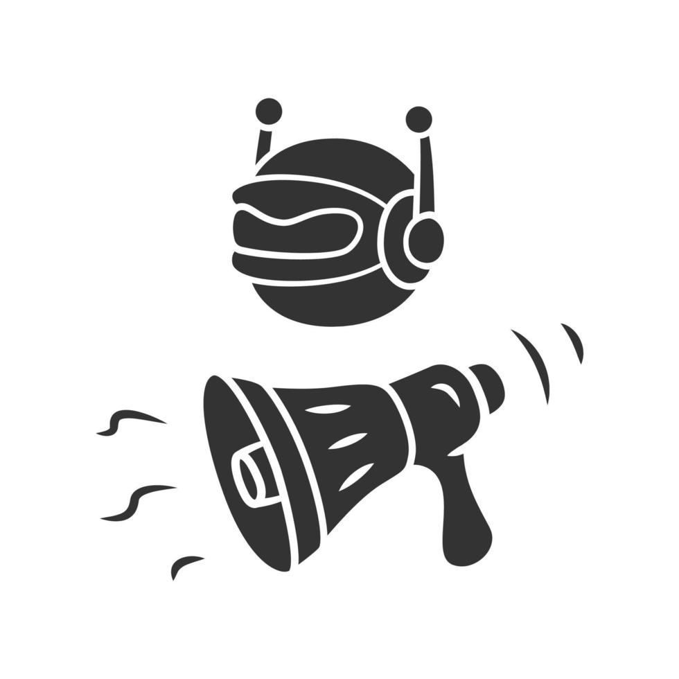 Propaganda bot glyph icon. Spam attack. Marketing campaign. Robot spread disinformation. Artificial intelligence. Social media bot. Silhouette symbol. Negative space. Vector isolated illustration