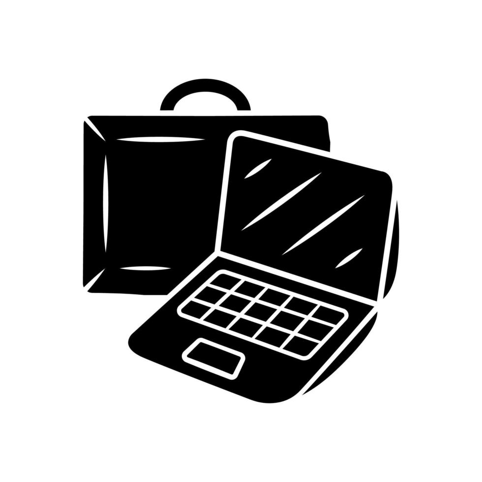 icono de glifo de maletín portátil. cuaderno, bolsa de viaje para gadgets. equipaje de mano para computadora. carcasa protectora de tecnología. equipo de viaje. símbolo de la silueta. espacio negativo. ilustración vectorial aislada vector