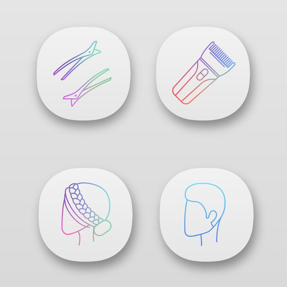 Hairdress app icons set. Barbershop, beauty salon services. Haircut, styling. Hair clips, clipper, man, woman hairstyle. UI UX user interface. Web or mobile applications. Vector isolated illustrations