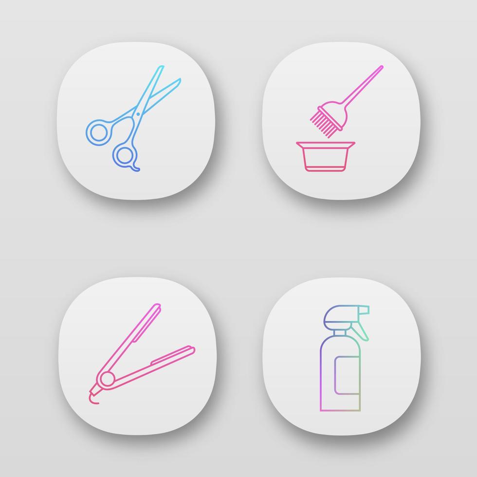 Hairdress app icons set. Haircut, hair dyeing, straightening. Scissors, coloring tools, straightener, spray bottle. UI UX user interface. Web or mobile applications. Vector isolated illustrations