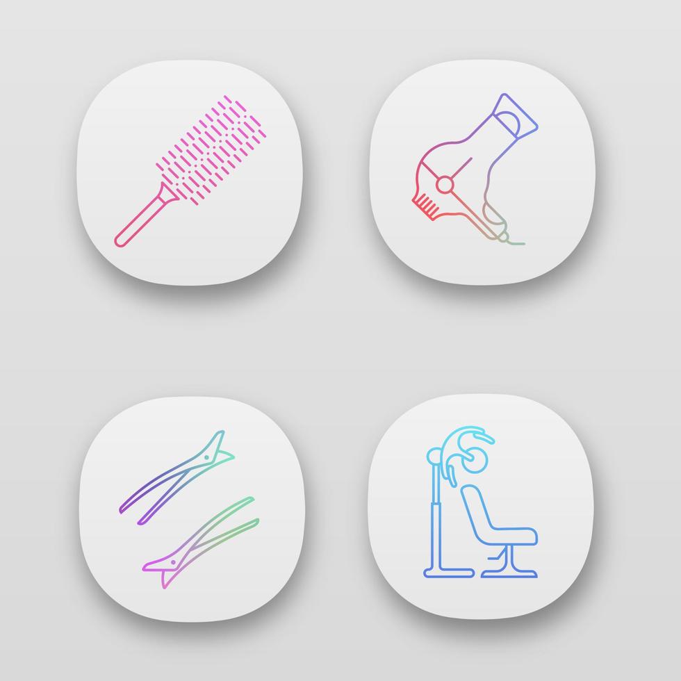 Hair dress app icons set. Professional hairstyling. Hairdresser tools. Comb, hairdryer, hair clips. Haircut and styling. UI UX user interface. Web or mobile applications. Vector isolated illustrations
