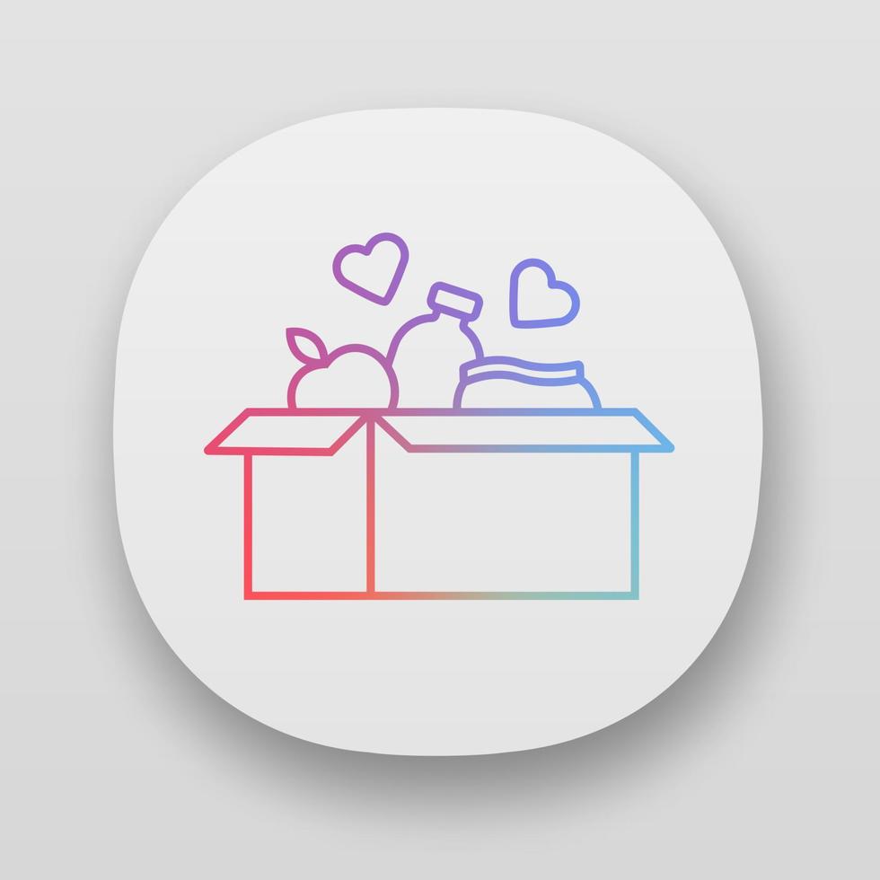 Food donations app icon. Charity food collection. Box with meal, hearts. Humanitarian assistance. Volunteer activity. UX user interface. Web or mobile applications. Vector isolated illustrations
