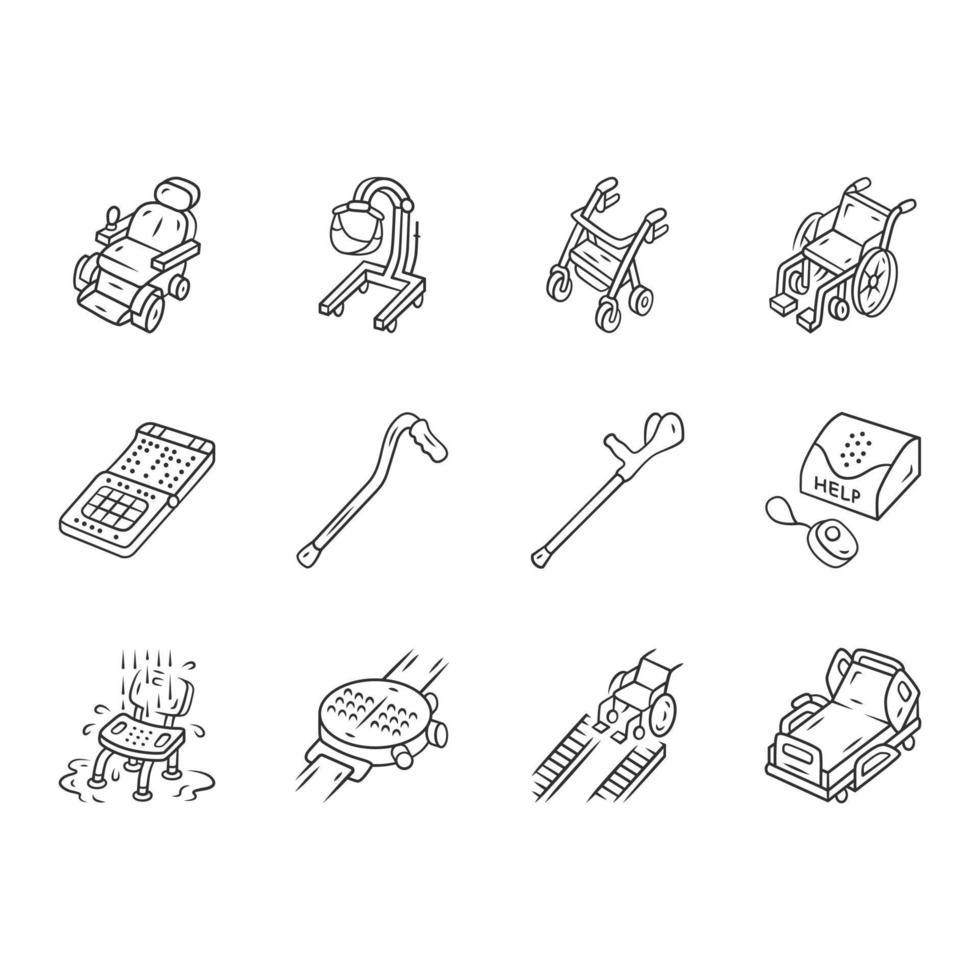 Disabled devices linear icons set. Mobility aid, handicapped medical equipment. Facilities for paralyzed, old people. Thin line contour symbols. Isolated vector outline illustrations. Editable stroke