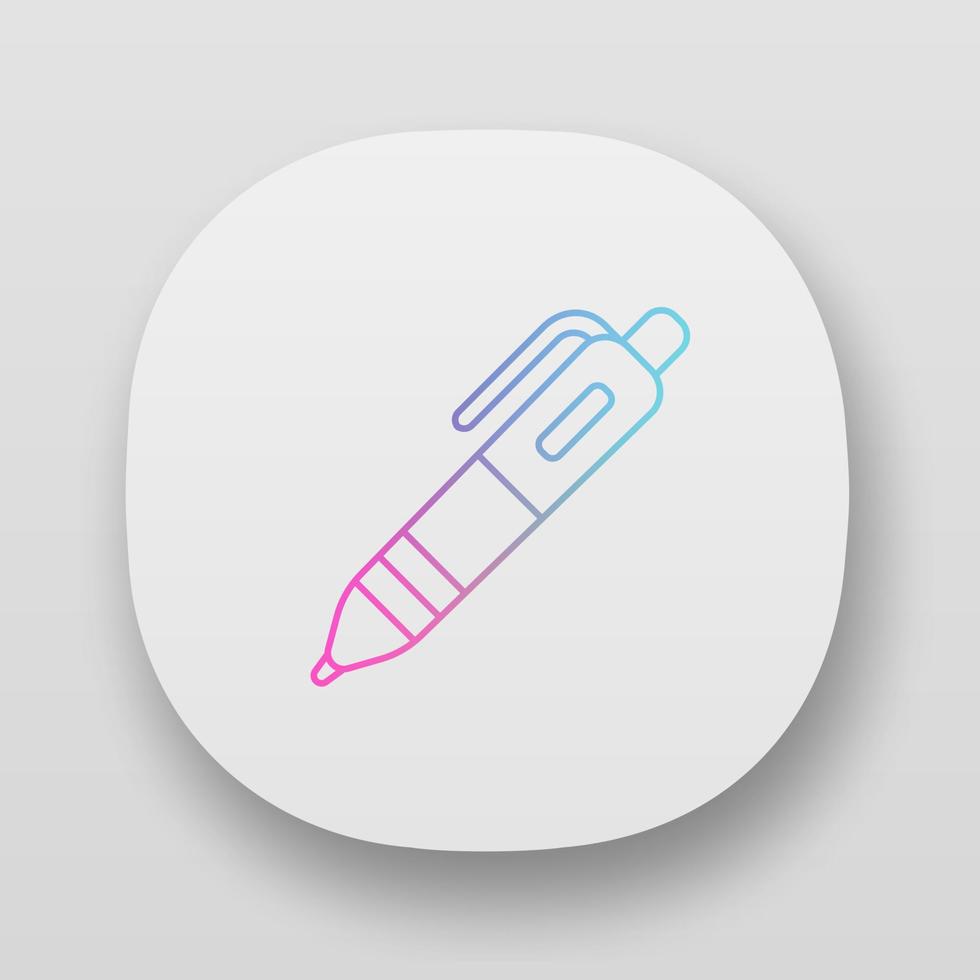 Plastic ballpoint pen app icon. UI UX user interface. Web or mobile application. Writing tool vector isolated illustration. Stationery items shop, school supplies store logo. Education attribute