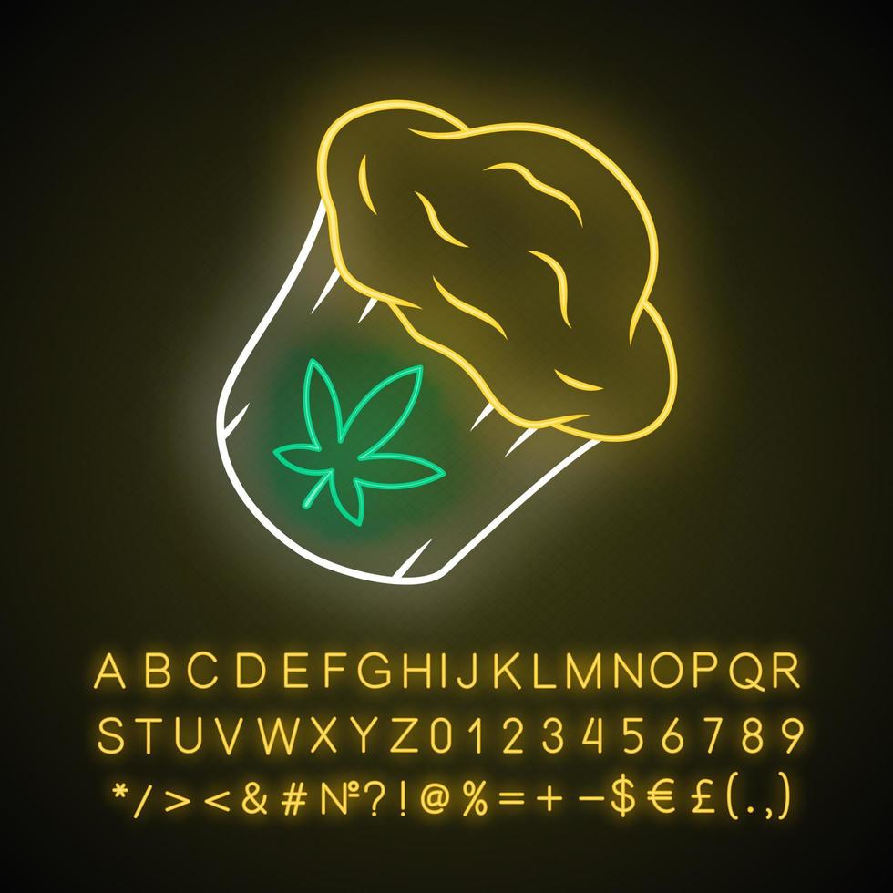 Cannabis cupcake neon light icon. Weed muffin. Homemade edible kit. Pie cooking. Hemp cookies. Marijuana legalization. Drug use. Glowing sign with alphabet, symbols. Vector isolated illustration