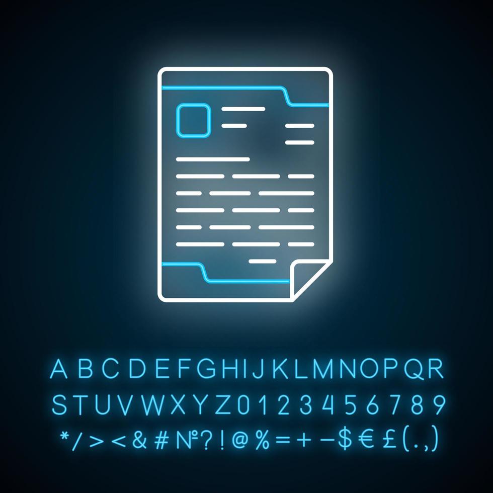 Letterhead, business report neon light icon. Glowing sign with alphabet, numbers and symbols. Official document vector isolated illustration. Company certificate, newsletter. Financial statement