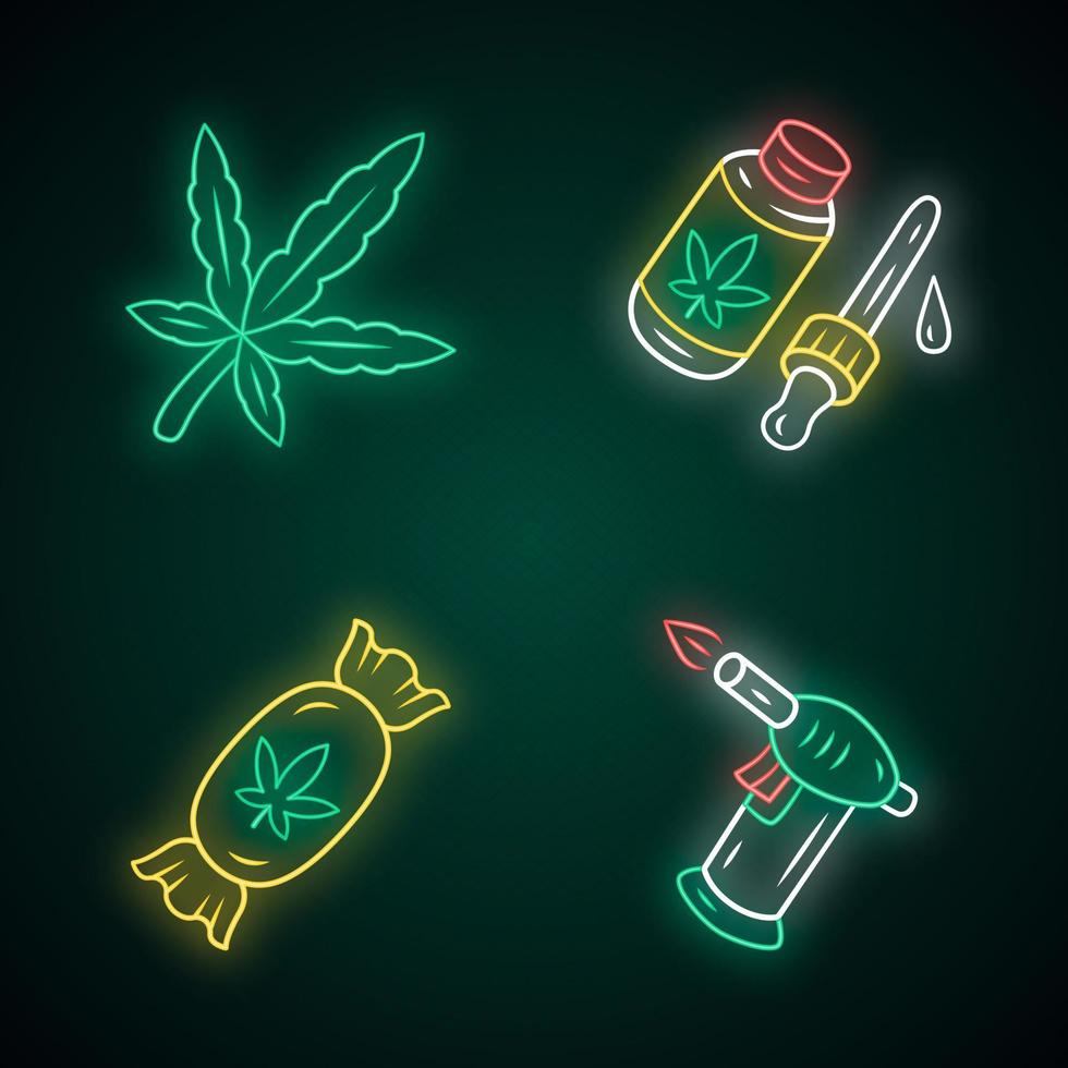 conjunto de iconos de luz de neón de productos de malezas. industria cannábica. aceite de cbd y dulces. legalización de la marihuana. distribución de cáñamo, venta. medicación alternativa. signos brillantes. Ilustraciones de vectores aislados