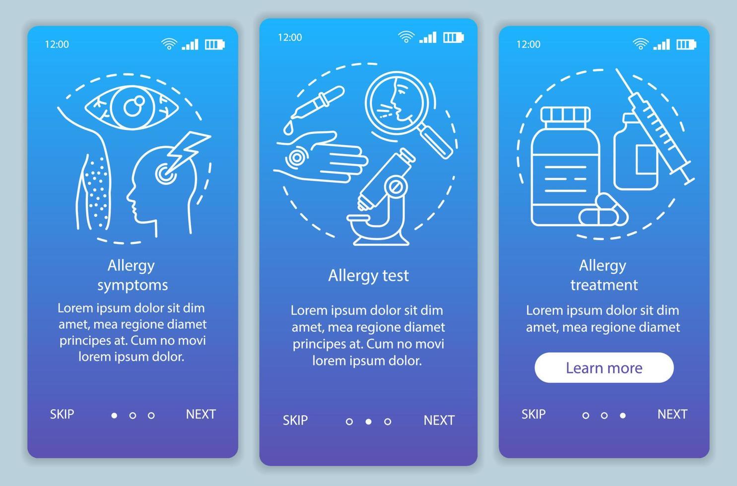 Allergy onboarding mobile app page screen vector template. Allergic diseases symptoms, test, treatment. Walkthrough website steps with linear illustrations. UX, UI, GUI smartphone interface concept