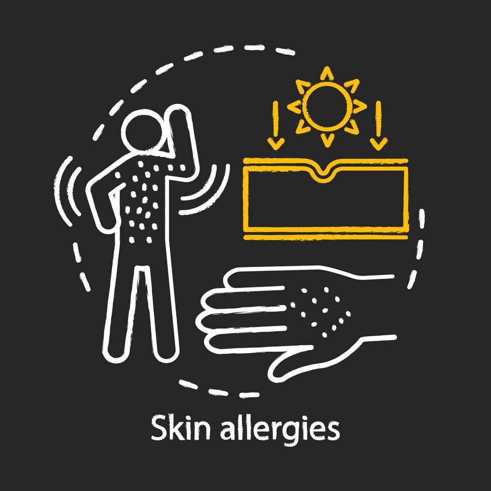 icono de concepto de tiza de alergias en la piel. sarpullido, dermatitis de contacto, idea de urticaria. luz solar, alimentos, medicamentos, picaduras de insectos reacción alérgica. ilustración de pizarra aislada vectorial vector