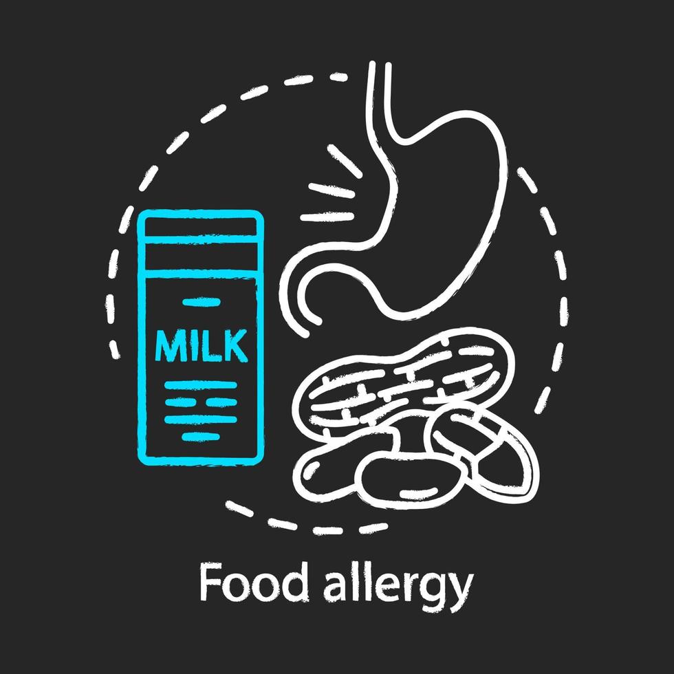 Food allergy chalk concept icon. Allergic reaction to milk proteins, nuts idea. Lactose intolerance. Stomach problems. Food allergens. Vector isolated chalkboard illustration