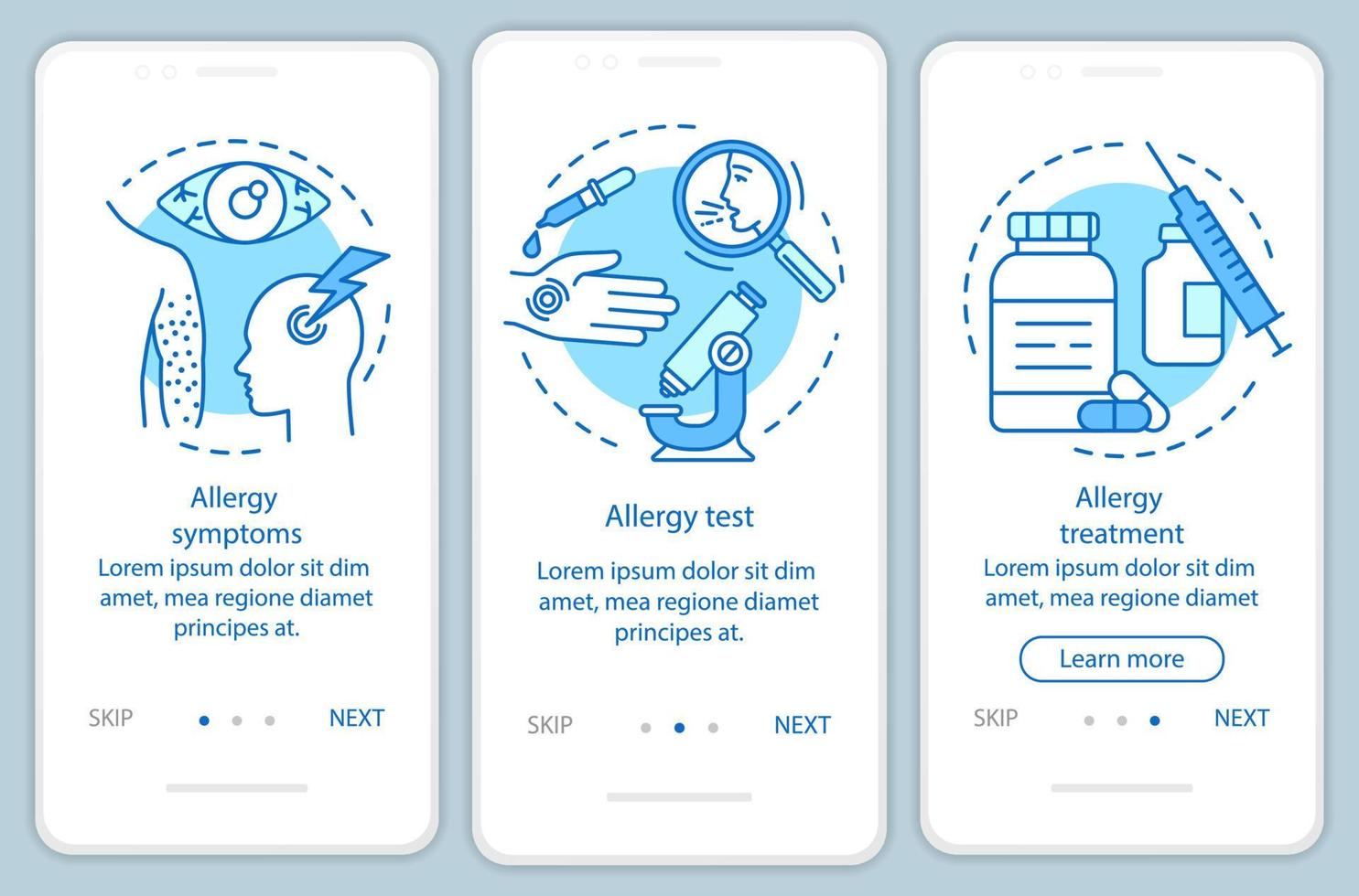 Allergy onboarding mobile app page screen with linear concepts. Allergic diseases symptoms, test, treatment walkthrough steps graphic instructions. UX, UI, GUI vector template with illustrations