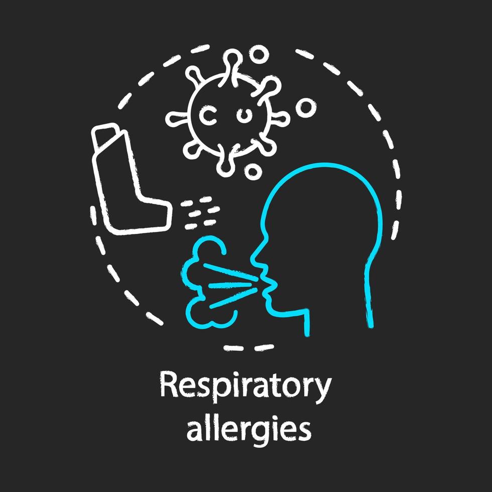 Respiratory allergies chalk concept icon. Airborne allergic diseases idea. Asthma inhaler, coughing person, bacteria. Vector isolated chalkboard illustration