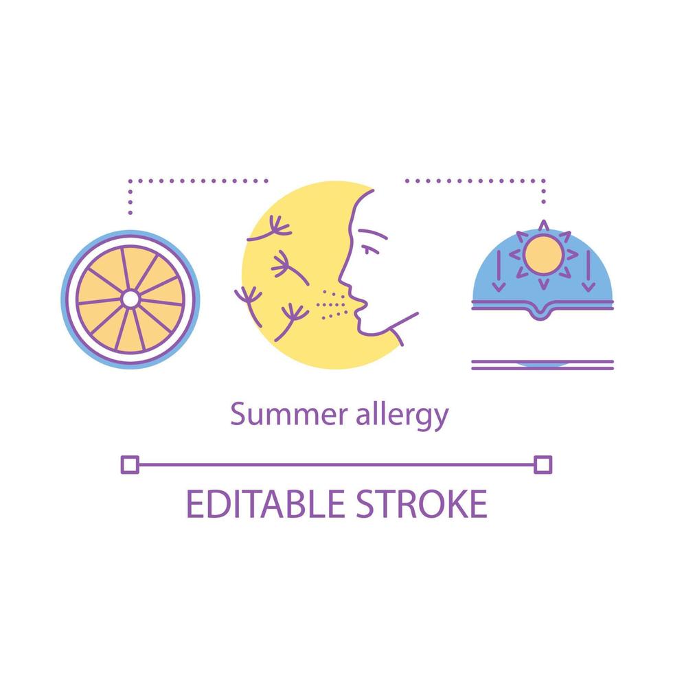 Summer allergy concept icon. Seasonal allergic disease idea thin line illustration. Allergic reactions to sunlight, grass pollen, citrus fruits. Vector isolated outline drawing. Editable stroke