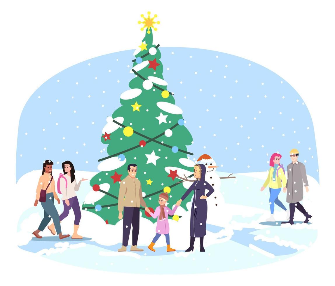 City park Xmas tree flat vector illustration. Winter festival decorations. Cartoon family have fun, walking at outdoor Christmas fir tree characters. Urban, town, village New Year fair