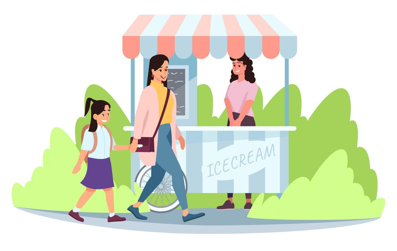 Ice cream street market cart with seller flat vector illustration. Mother and daughter at sweets, icecream trolley, stall cartoon characters. Summer fair, funfair, amusement park attractions