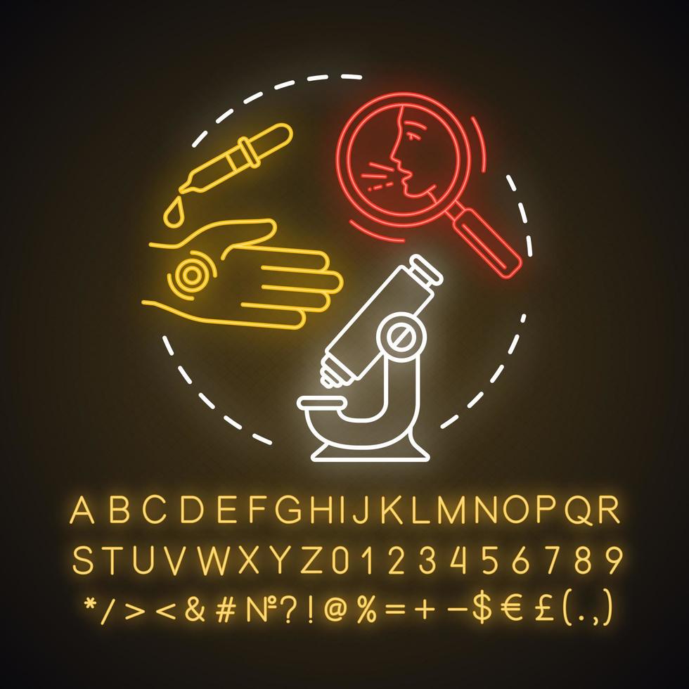 Allergy test neon light concept icon. Allergic reaction diagnosis idea. Symptoms lab analysis. Allergies identification. Glowing sign with alphabet, numbers and symbols. Vector isolated illustration