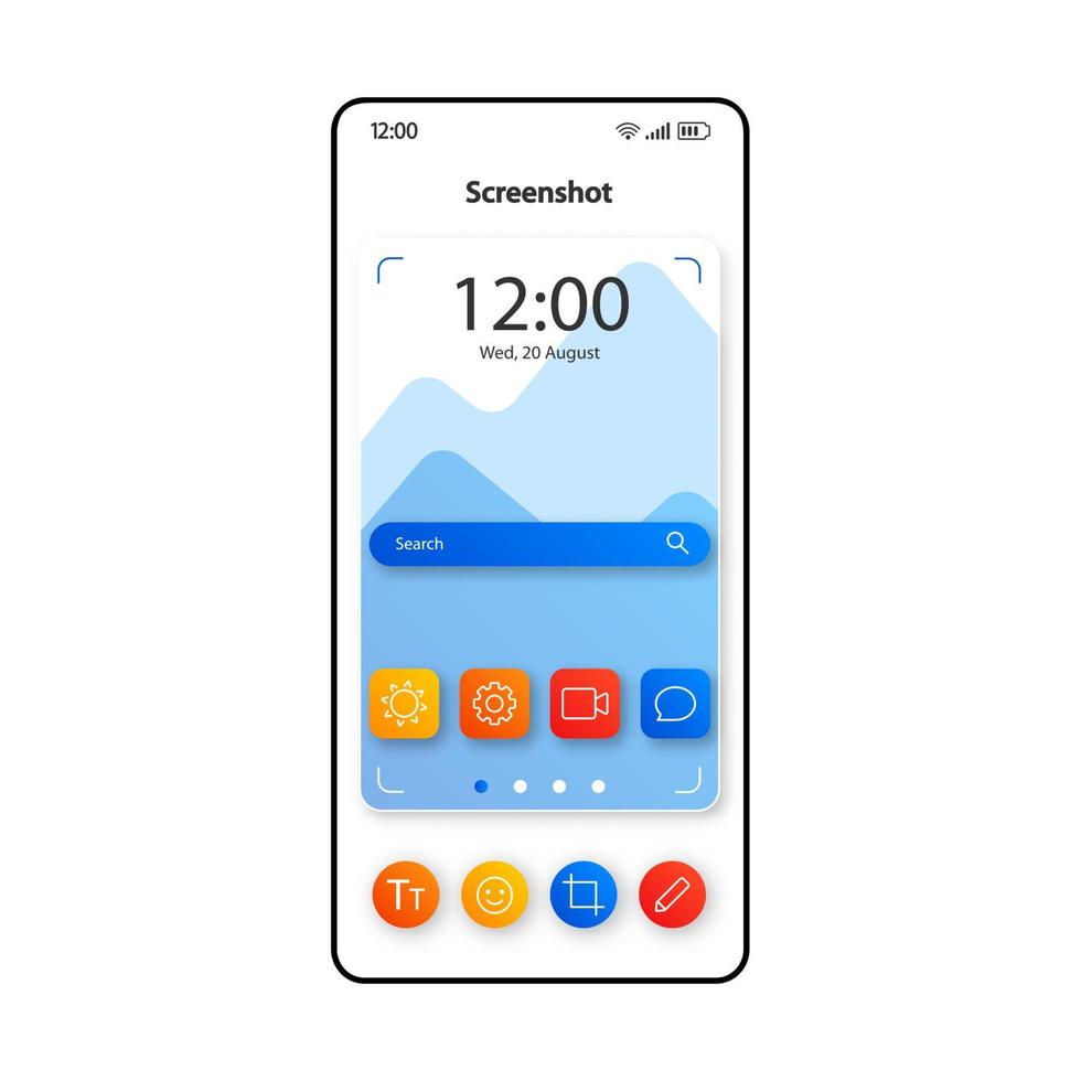 Screenshot making technology smartphone interface vector template. Mobile app page color design layout. Camera photo finder screen. Flat UI for application. Photo capturing tool phone display