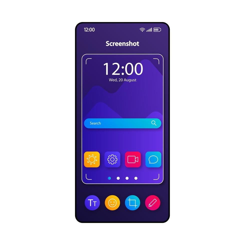 plantilla de vector de interfaz de teléfono inteligente de herramienta de captura de pantalla. diseño de color de la página de la aplicación móvil. pantalla del software de captura de pantalla de la cámara. interfaz de usuario plana para la aplicación. pantalla del teléfono del buscador de enfoque