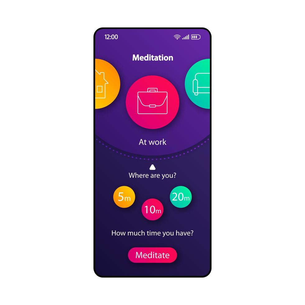 plantilla de vector de interfaz de teléfono inteligente de recordatorio de meditación. diseño de color de la página de la aplicación móvil. pantalla de notificaciones de tiempo de relajación. interfaz de usuario plana para la aplicación