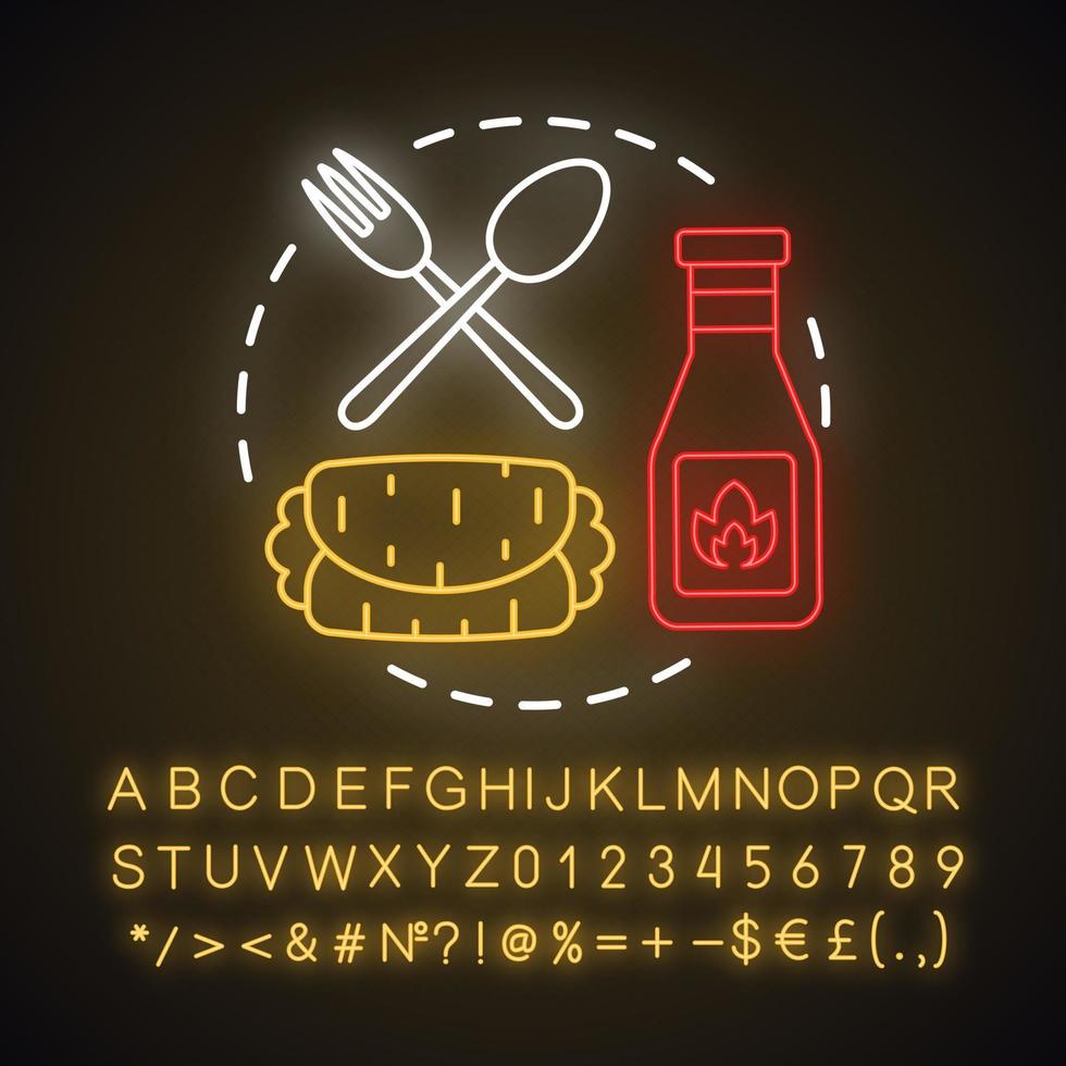 Mexican bars and restaurants neon light concept icon. Kebab, hot pepper sauce, cutlery. Traditional spicy burrito idea. Glowing sign with alphabet, numbers and symbols. Vector isolated illustration