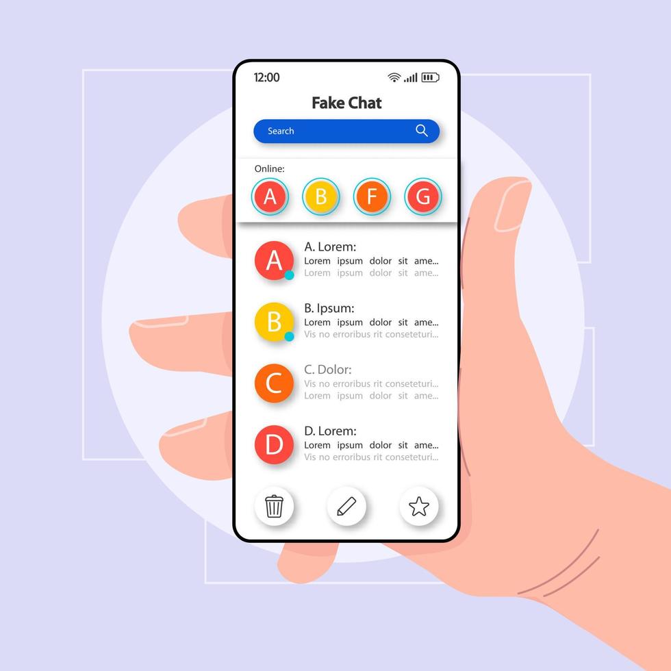 Fake chatting software smartphone interface vector template. Mobile app page color design layout. Texting to users screen. Flat UI for application. Hand holding phone with false messaging on display