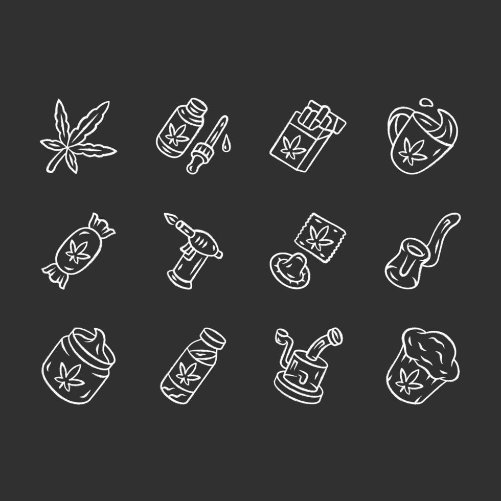 Weed products chalk icons set. Marijuana legalization. Hemp distribution, sale. Cannabis industry. Smoking devices. CBD drink, cream, candy, cupcake. Isolated vector chalkboard illustrations