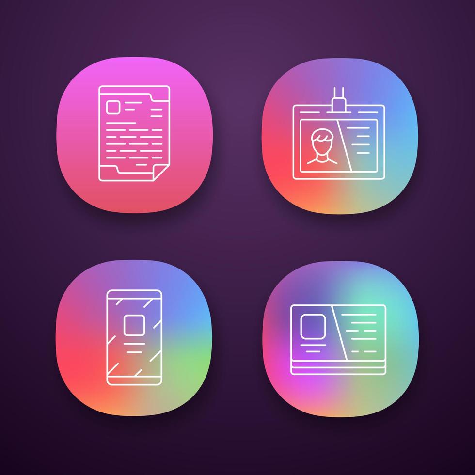 Business office supplies app icons set. UI UX user interface. Web or mobile applications. Businessman tools vector isolated illustrations. Letterhead paper, employee badge, id card and mobile phone
