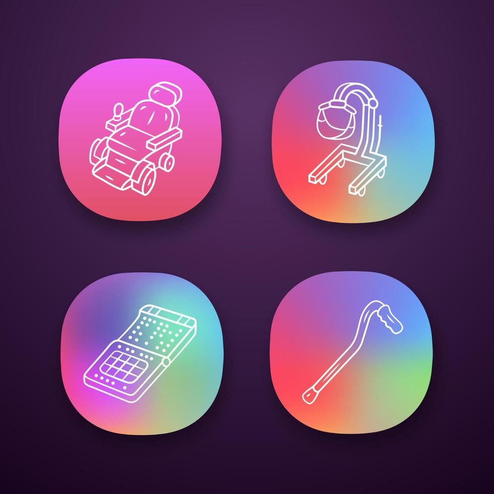 Disabled devices app icons set. Motorized wheelchair, patient lift, cane, braille smartphone. Mobility aids, equipment. UI UX user interface. Web or mobile applications. Vector isolated illustrations