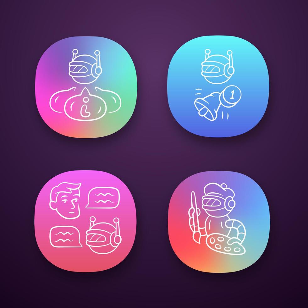 Internet robots app icons set. Chatbot, informational, proactive, art bots. Cybernetics. Artificial intelligence, AI. UI UX user interface. Web or mobile applications. Vector isolated illustrations